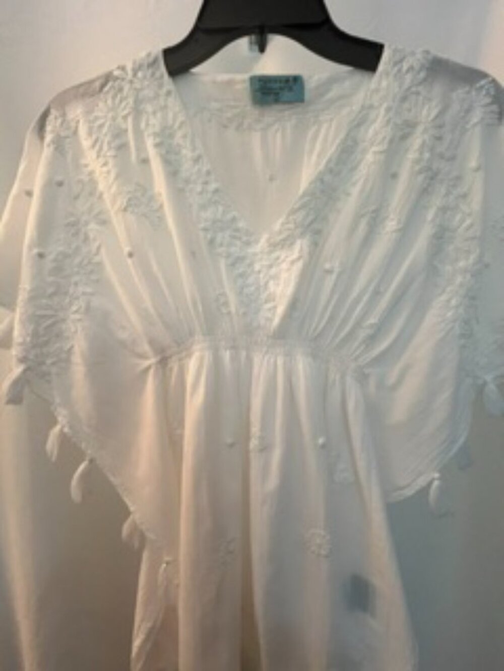 White Boutique Embroidered Tassel Blouse Medium Petite 100% Cotton Boho Top